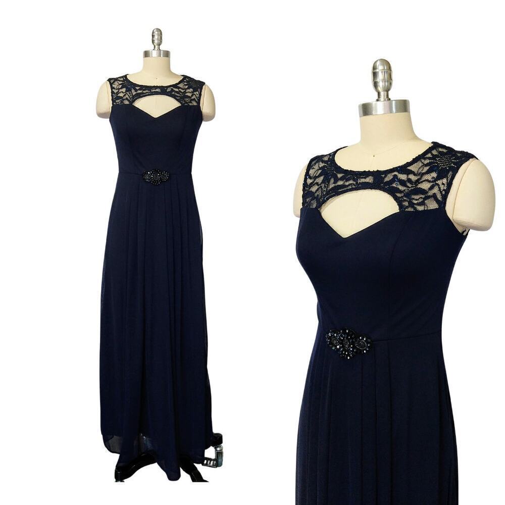 Vintage 90s Y2K Prom Dress Maxi Gown Size 6 Navy Blue Lace Formal Embellished
